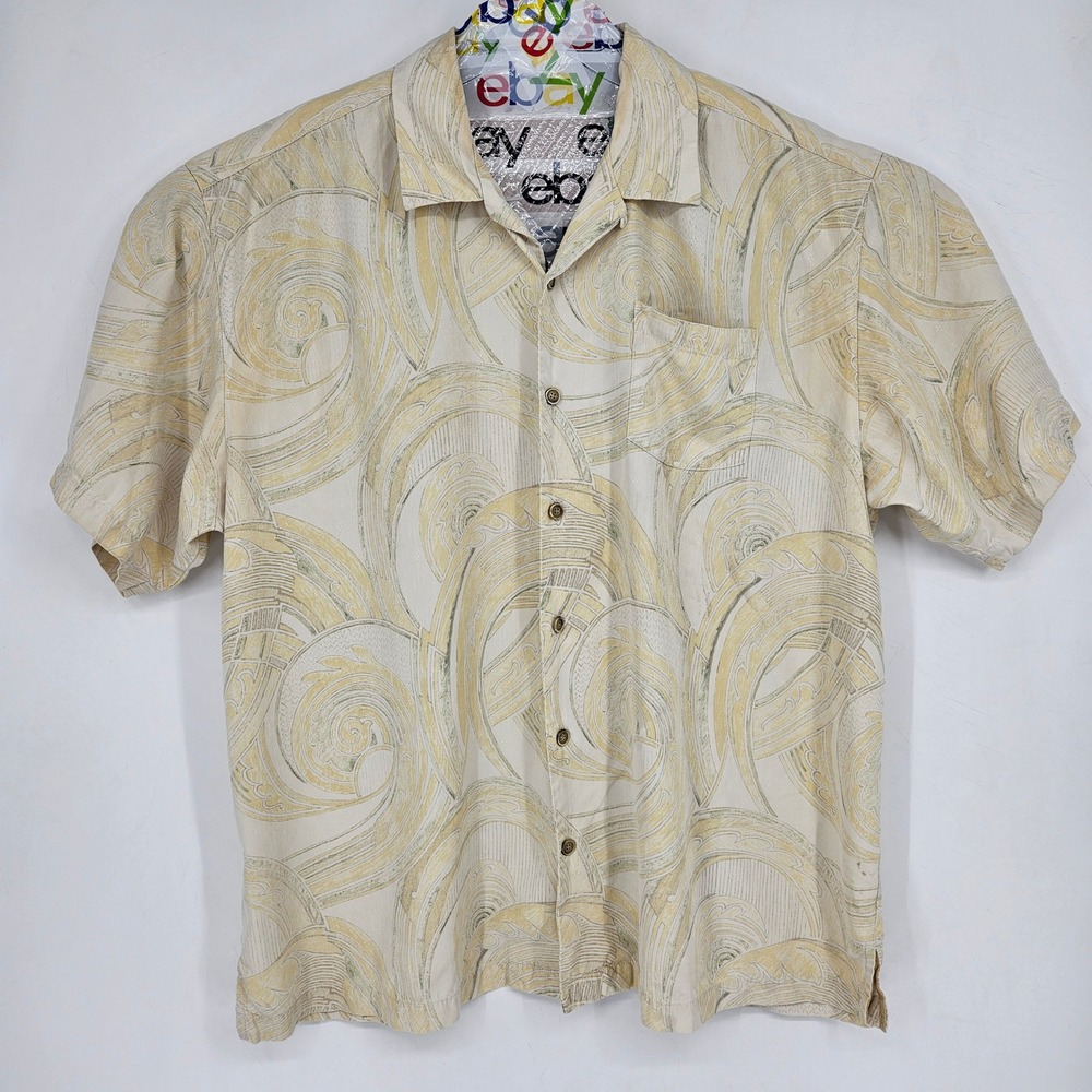 Tommy Bahama Shirt Mens XXL Silk Hawaiian Button Yellow Geometric Short Sleeve